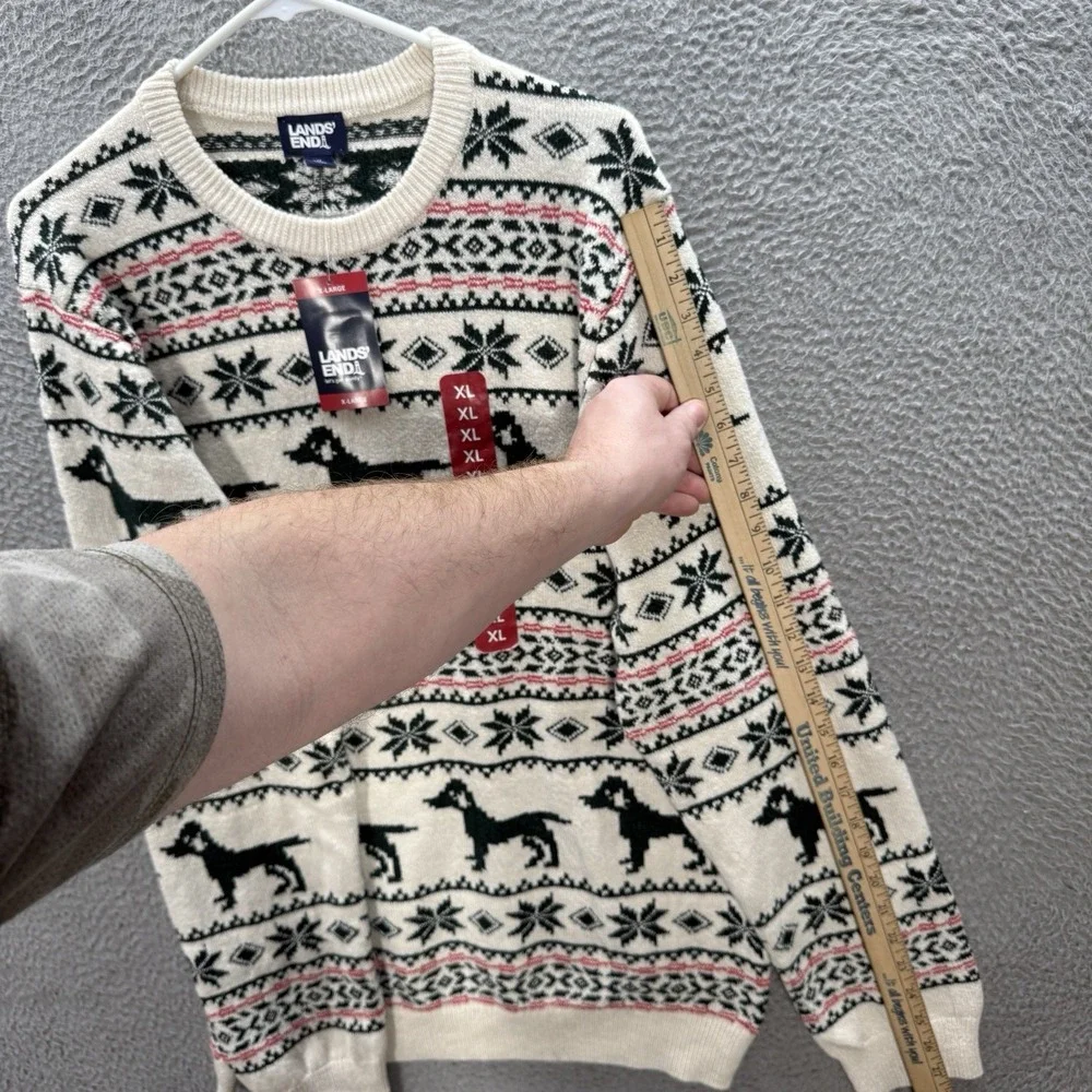 Lands End Sweater Adult XL Multicolor Fair Isle Knit Crewneck‎ Geometric Dog NEW